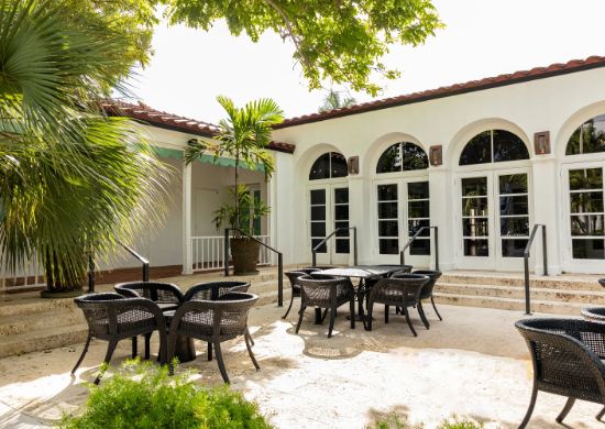 Outdoor courtyard with arched windows
